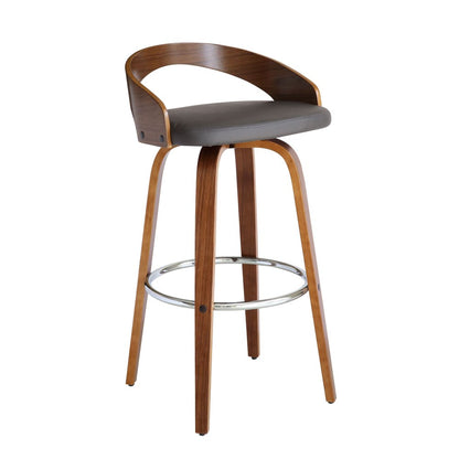 30" Gray And Brown Faux Leather And Fabric And Iron Low Back Bar Height Swivel Bar Chair HomeRoots