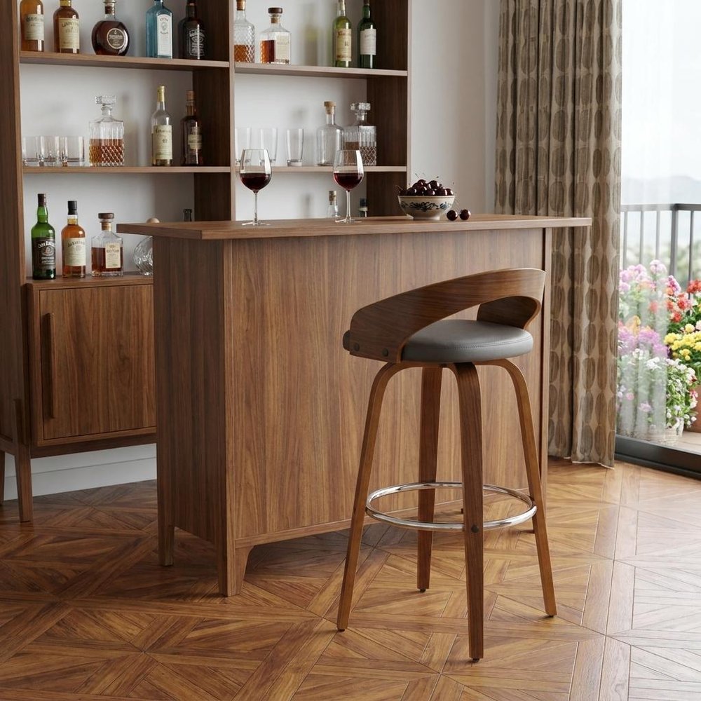30" Gray And Brown Faux Leather And Fabric And Iron Low Back Bar Height Swivel Bar Chair HomeRoots