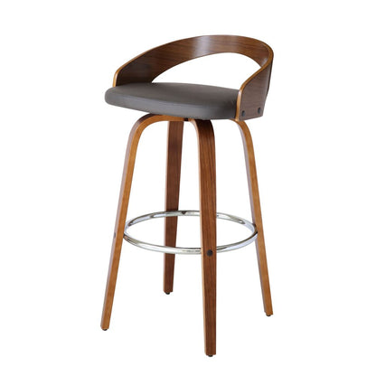 30" Gray And Brown Faux Leather And Fabric And Iron Low Back Bar Height Swivel Bar Chair HomeRoots