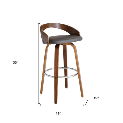 30" Gray And Brown Faux Leather And Fabric And Iron Low Back Bar Height Swivel Bar Chair HomeRoots