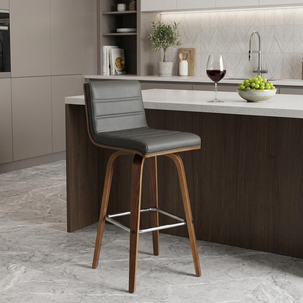 26" Gray And Brown Fabric And Solid Wood Low Back Counter Height Swivel Bar Chair HomeRoots