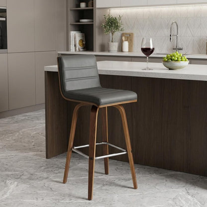 26" Gray And Brown Fabric And Solid Wood Low Back Counter Height Swivel Bar Chair HomeRoots