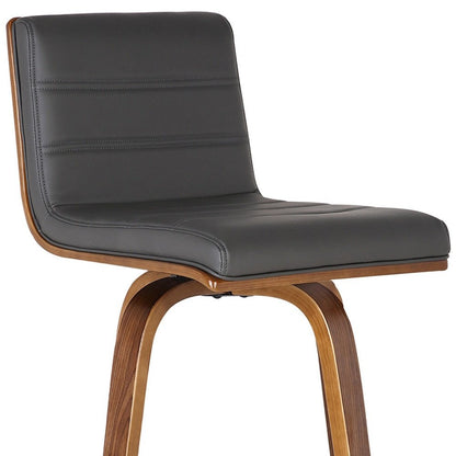 30" Gray And Brown Faux Leather And Solid Wood Low Back Bar Height Swivel Bar Chair HomeRoots