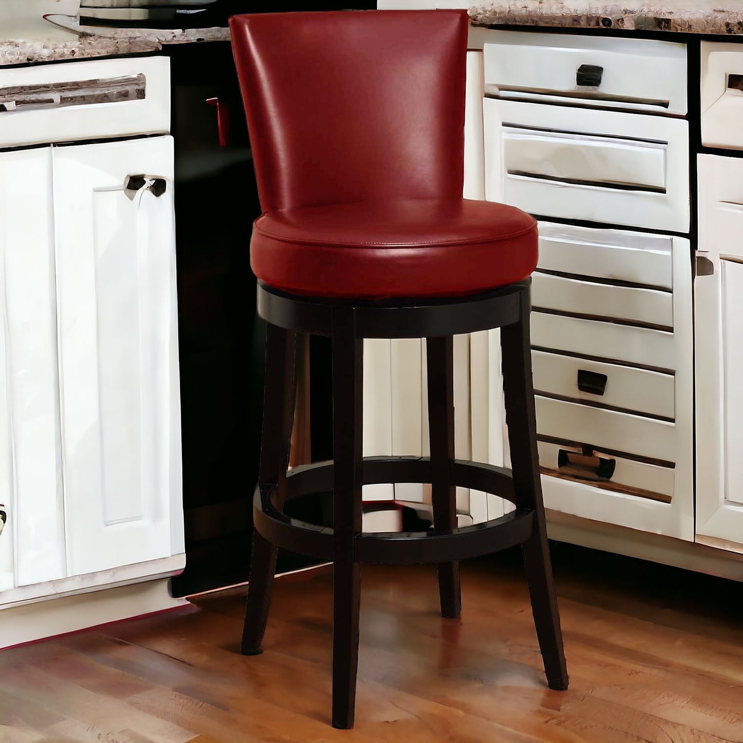 30" Red And Black Solid Wood Swivel Bar Height Bar Chair