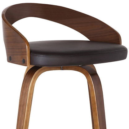 26" Brown Faux Leather And Fabric And Solid Wood Low Back Counter Height Swivel Bar Chair HomeRoots
