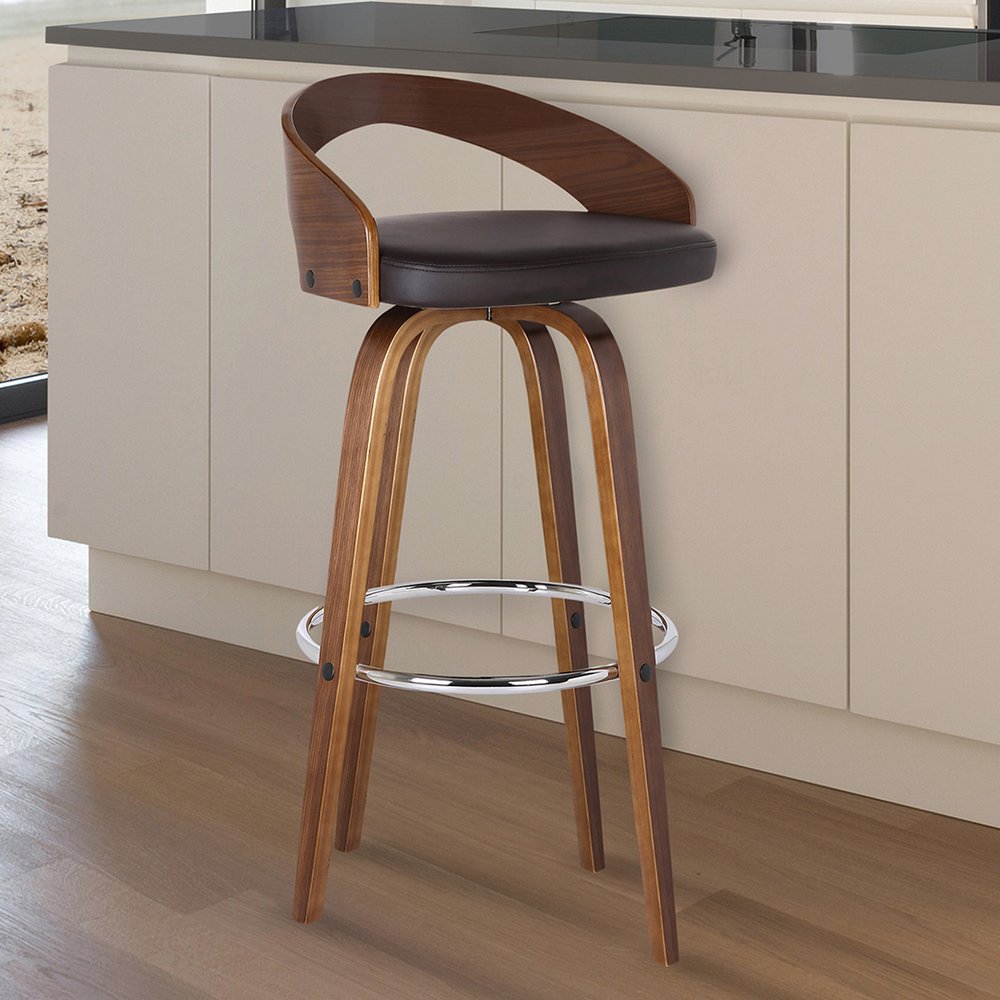 26" Brown Faux Leather And Fabric And Solid Wood Low Back Counter Height Swivel Bar Chair HomeRoots