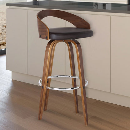 26" Brown Faux Leather And Fabric And Solid Wood Low Back Counter Height Swivel Bar Chair HomeRoots