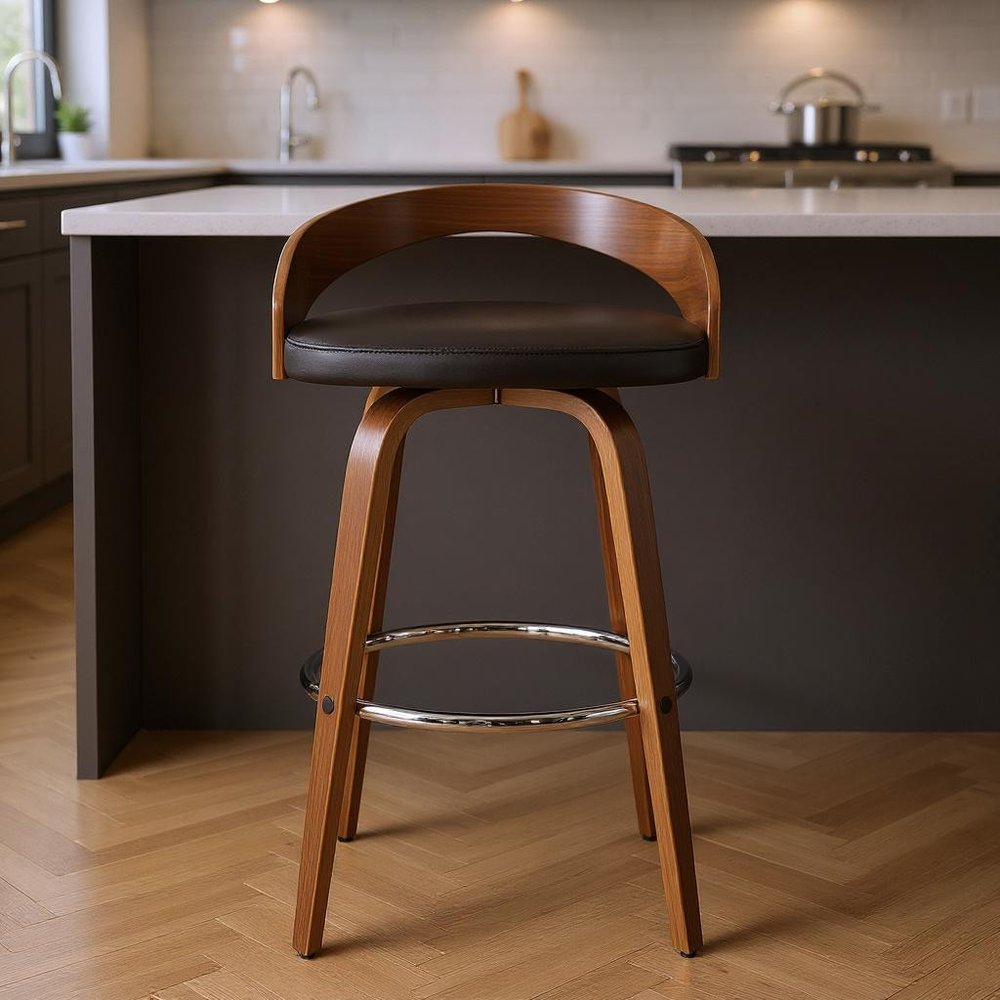 26" Brown Faux Leather And Fabric And Solid Wood Low Back Counter Height Swivel Bar Chair HomeRoots