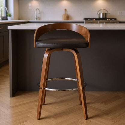 26" Brown Faux Leather And Fabric And Solid Wood Low Back Counter Height Swivel Bar Chair HomeRoots