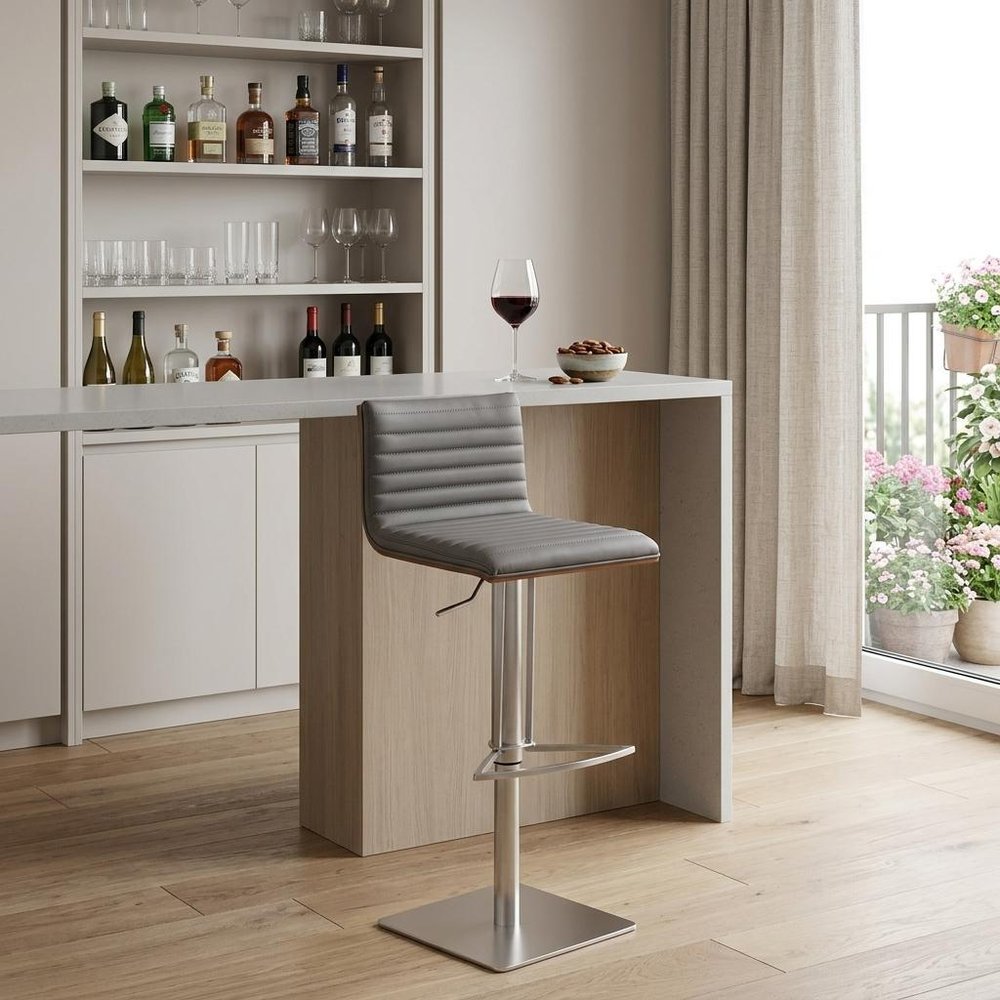 Gray And Silver Fabric And Faux Leather And Iron Low Back Adjustable Height Swivel Bar Chair HomeRoots