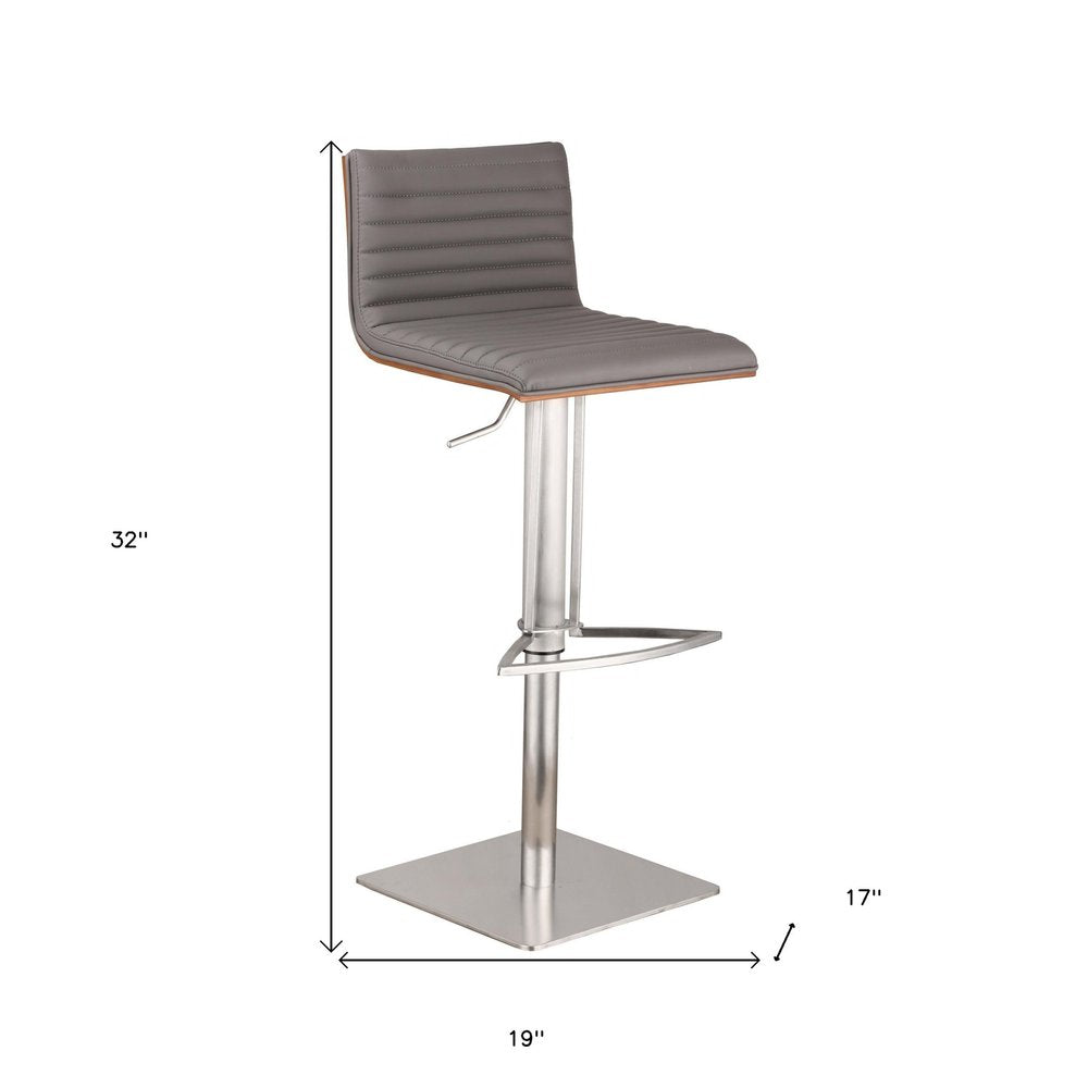 Gray And Silver Fabric And Faux Leather And Iron Low Back Adjustable Height Swivel Bar Chair HomeRoots