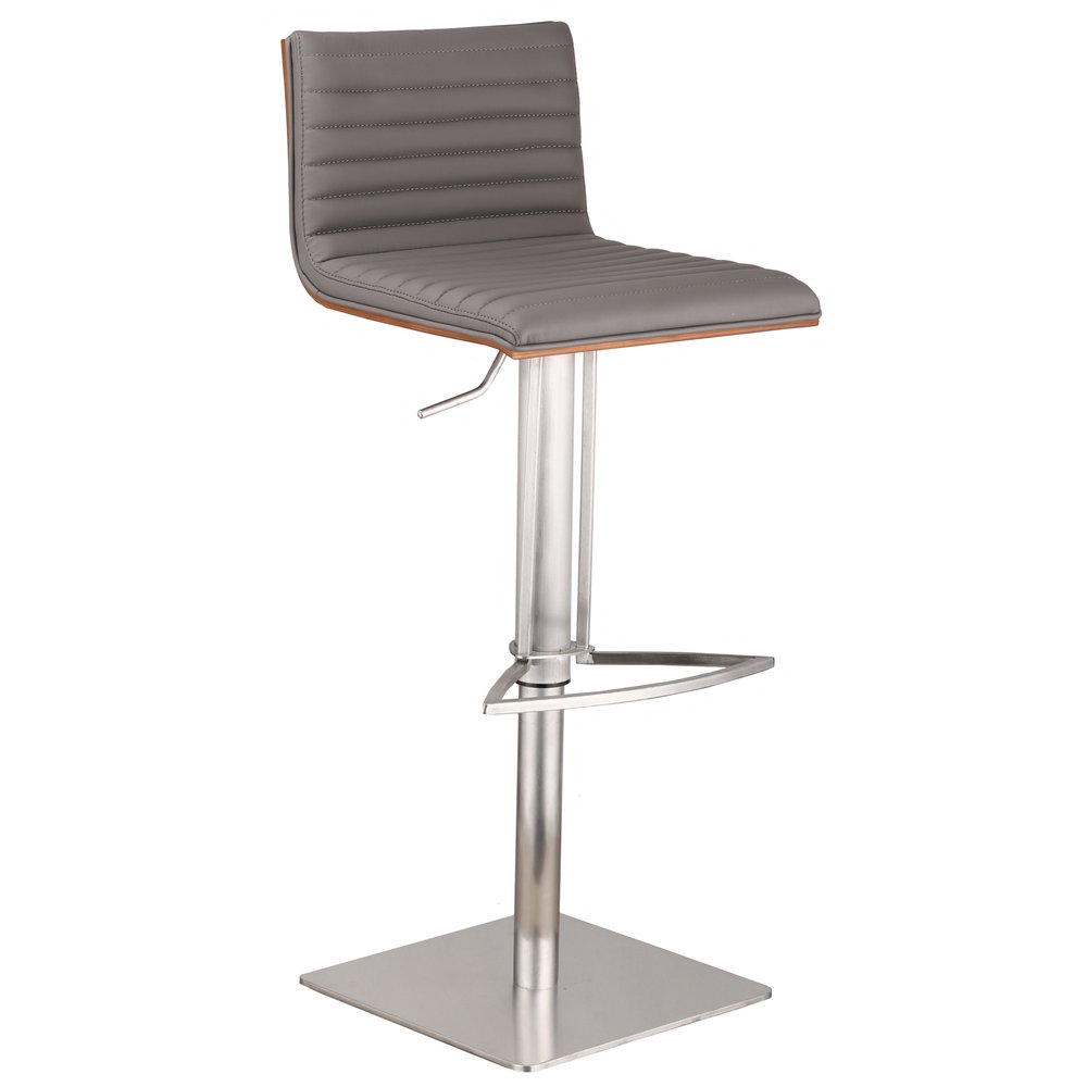 Gray And Silver Fabric And Faux Leather And Iron Low Back Adjustable Height Swivel Bar Chair HomeRoots