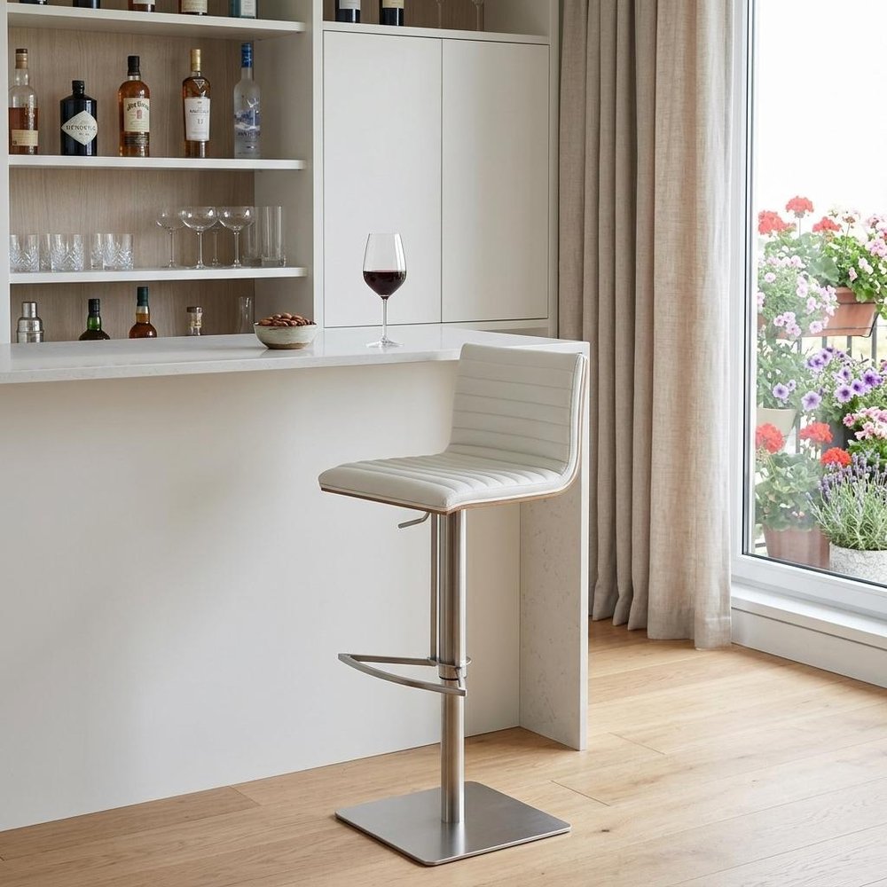 White And Silver Fabric And Faux Leather And Iron Low Back Adjustable Height Swivel Bar Chair HomeRoots