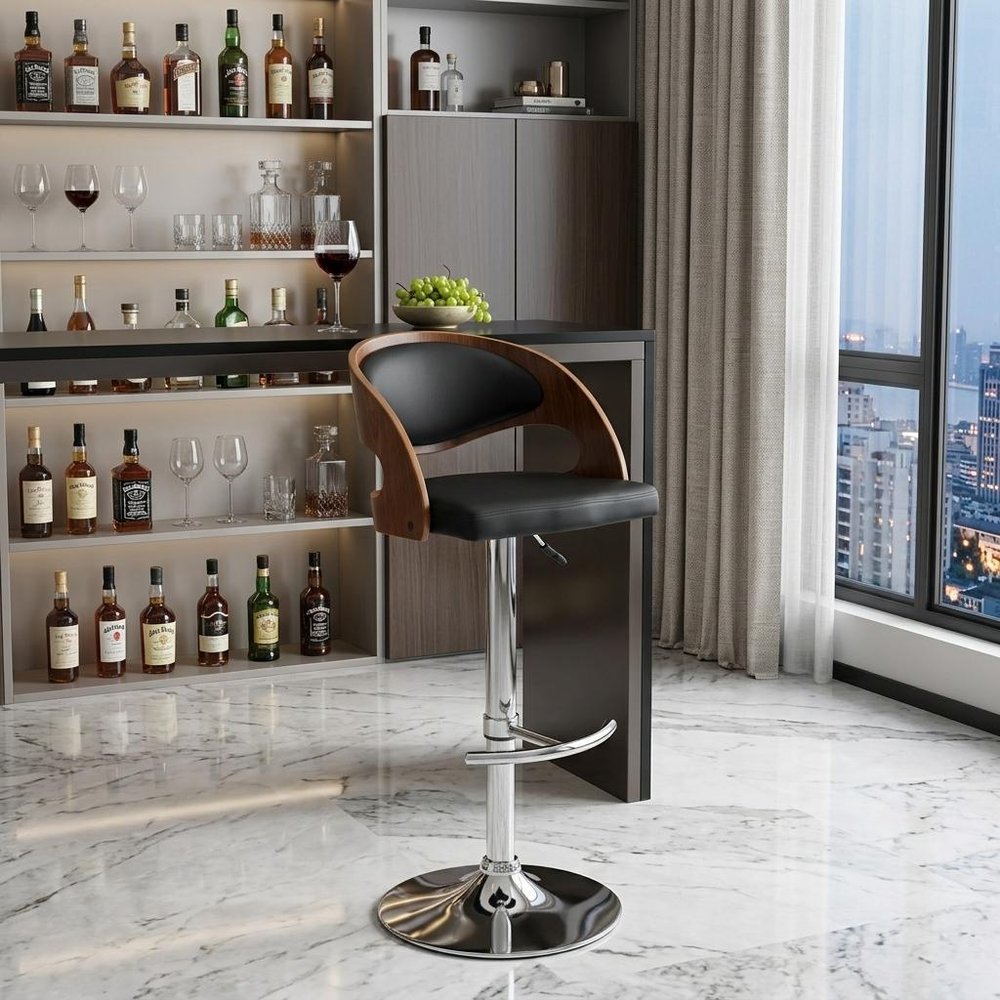 Black And Silver Faux Leather And Fabric And Chrome Low Back Adjustable Height Swivel Bar Chair HomeRoots