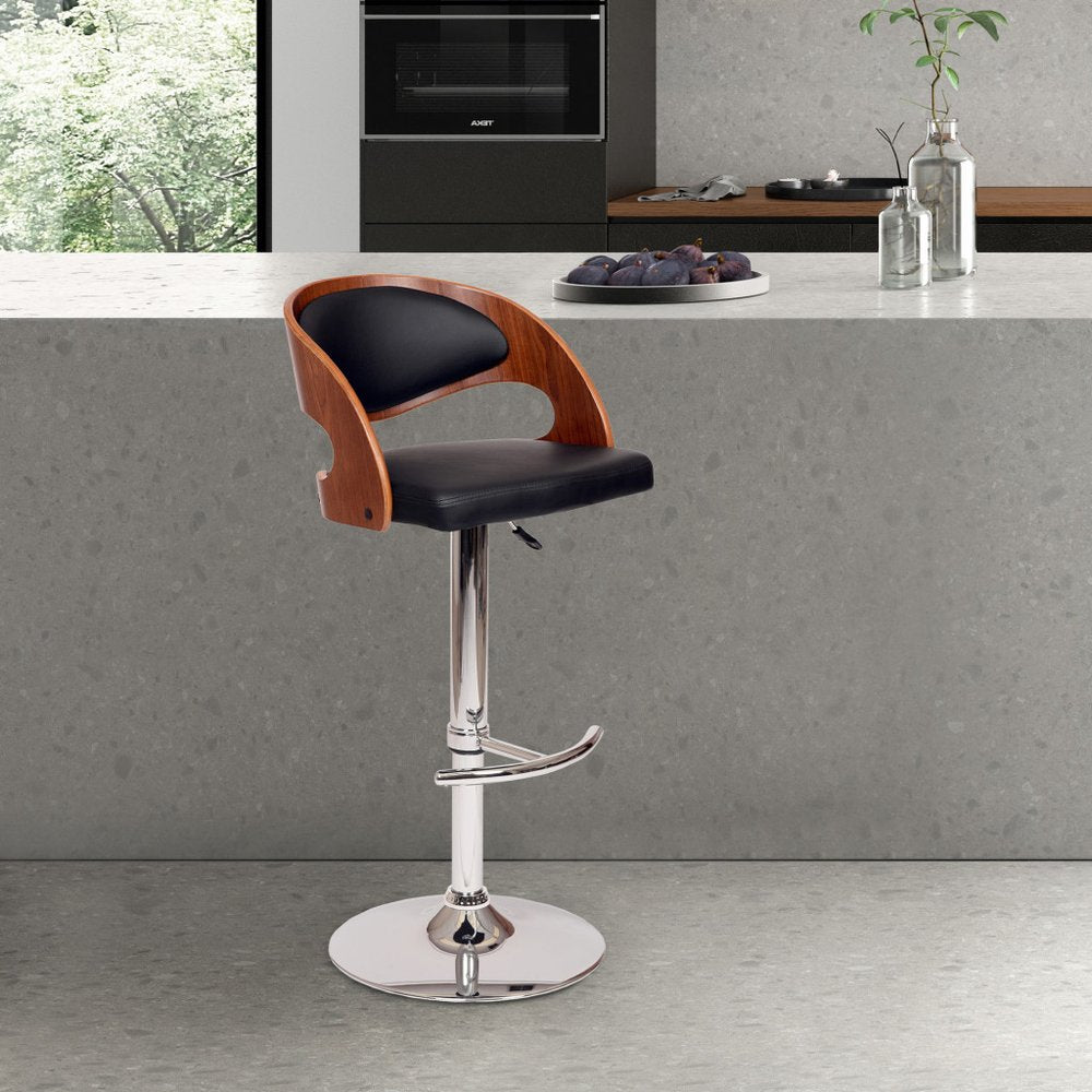 Black And Silver Faux Leather And Fabric And Chrome Low Back Adjustable Height Swivel Bar Chair HomeRoots