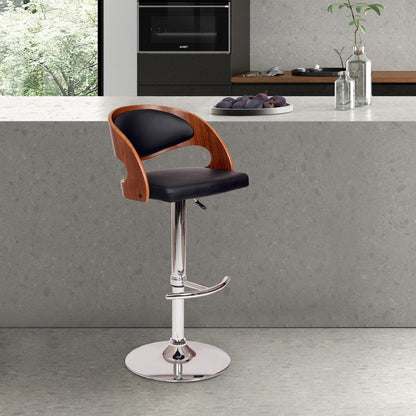 Black And Silver Faux Leather And Fabric And Chrome Low Back Adjustable Height Swivel Bar Chair HomeRoots