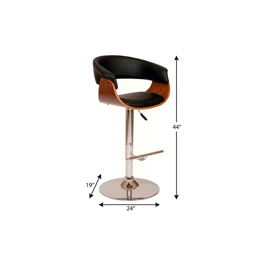 Black And Brown Faux Leather And Fabric And Solid Wood Low Back Adjustable Height Swivel Bar Chair HomeRoots