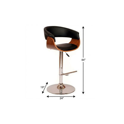 Black And Brown Faux Leather And Fabric And Solid Wood Low Back Adjustable Height Swivel Bar Chair HomeRoots