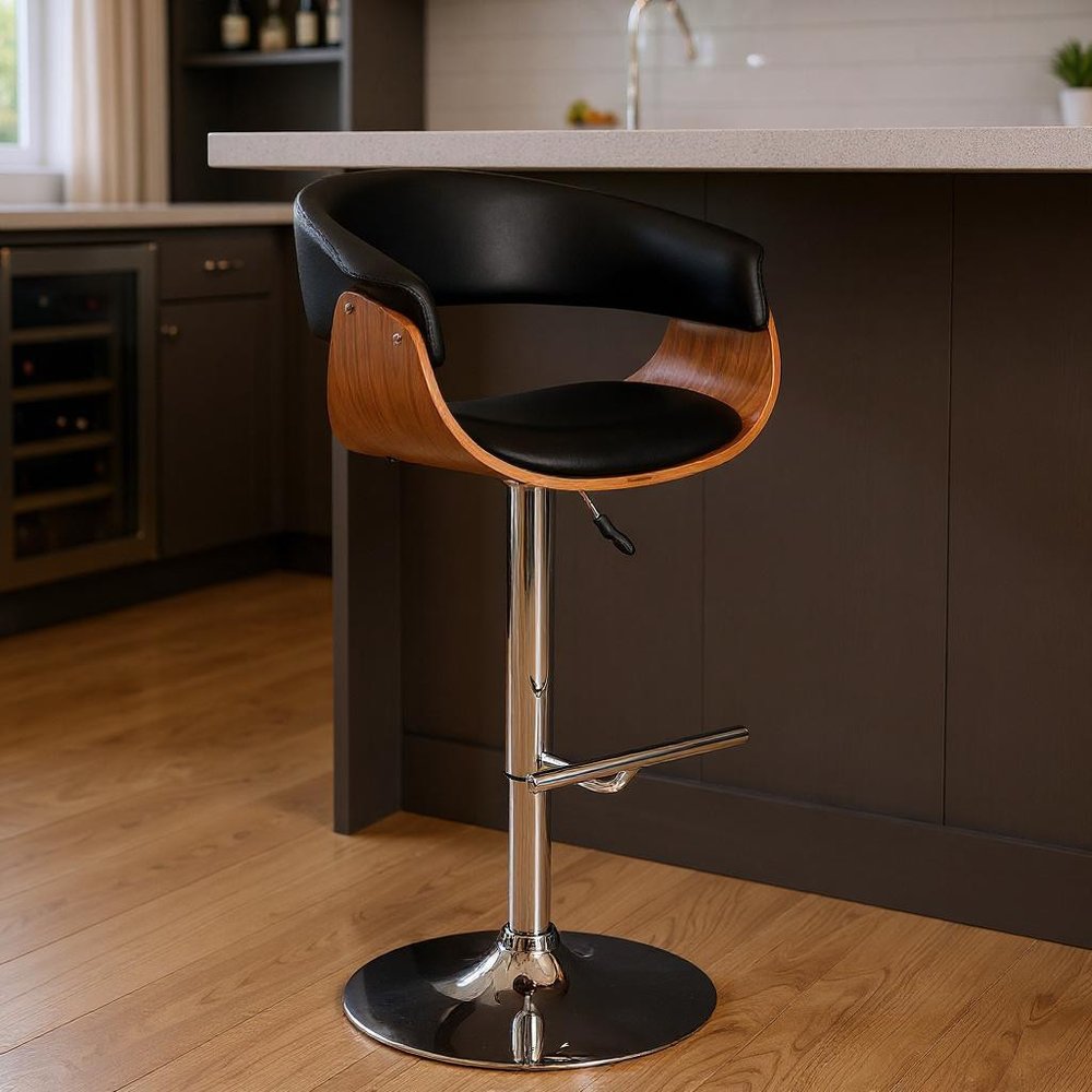 Black And Brown Faux Leather And Fabric And Solid Wood Low Back Adjustable Height Swivel Bar Chair HomeRoots