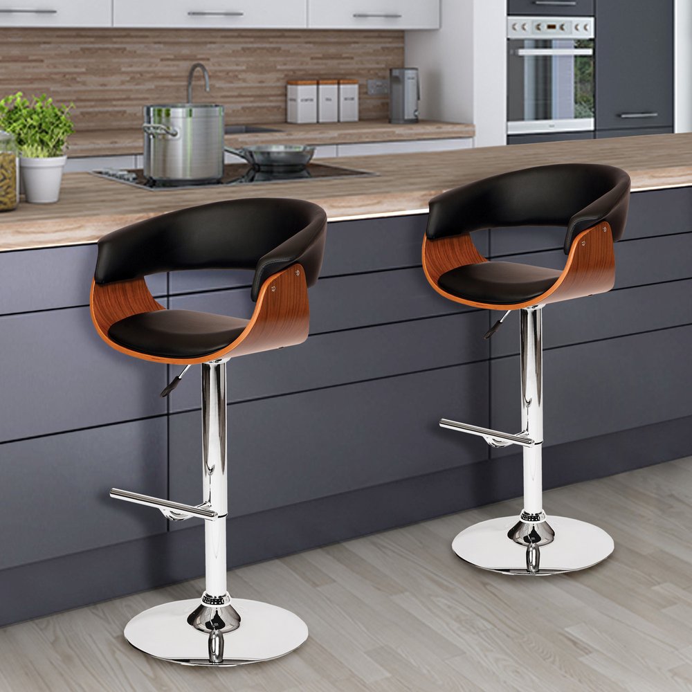 Black And Brown Faux Leather And Fabric And Solid Wood Low Back Adjustable Height Swivel Bar Chair HomeRoots
