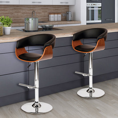 Black And Brown Faux Leather And Fabric And Solid Wood Low Back Adjustable Height Swivel Bar Chair HomeRoots