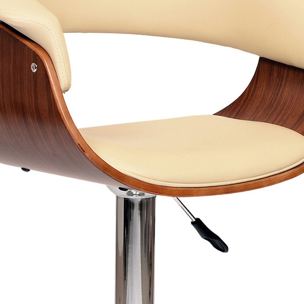 Cream And Silver Faux Leather And Fabric And Solid Wood Low Back Adjustable Height Swivel Bar Chair HomeRoots
