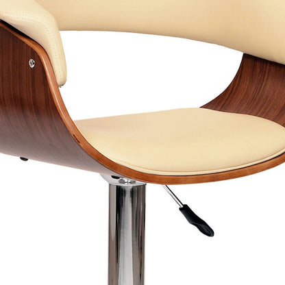 Cream And Silver Faux Leather And Fabric And Solid Wood Low Back Adjustable Height Swivel Bar Chair HomeRoots