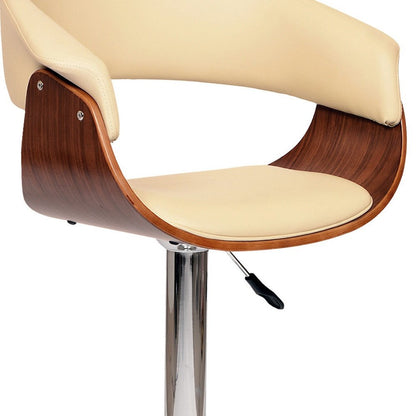 Cream And Silver Faux Leather And Fabric And Solid Wood Low Back Adjustable Height Swivel Bar Chair HomeRoots