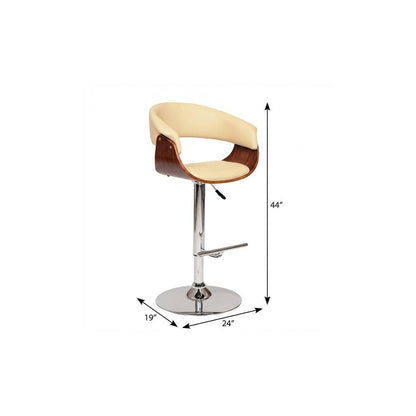 Cream And Silver Faux Leather And Fabric And Solid Wood Low Back Adjustable Height Swivel Bar Chair HomeRoots