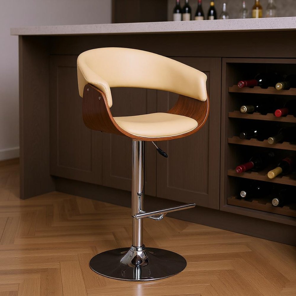 Cream And Silver Faux Leather And Fabric And Solid Wood Low Back Adjustable Height Swivel Bar Chair HomeRoots