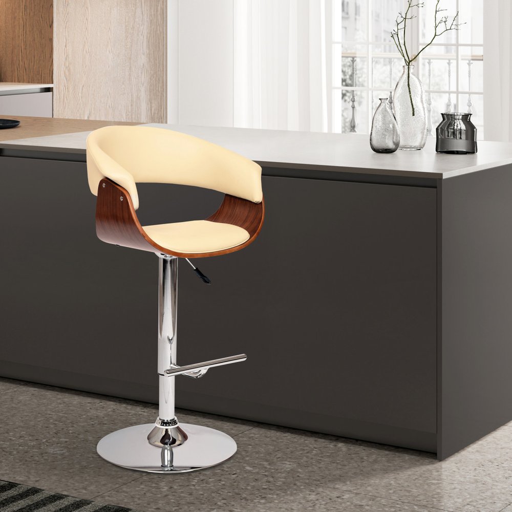 Cream And Silver Faux Leather And Fabric And Solid Wood Low Back Adjustable Height Swivel Bar Chair HomeRoots