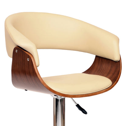 Cream And Silver Faux Leather And Fabric And Solid Wood Low Back Adjustable Height Swivel Bar Chair HomeRoots