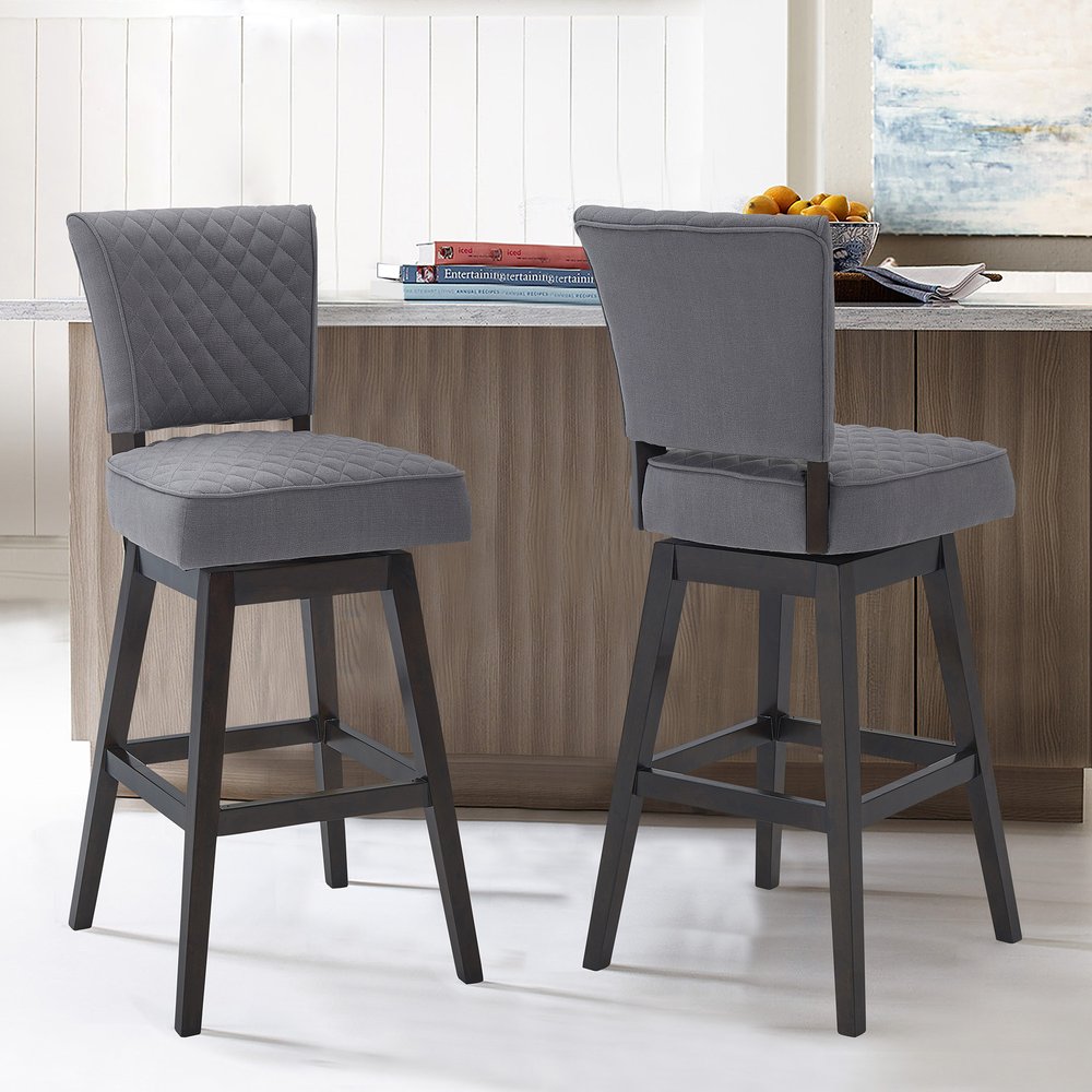 26" Gray and Espresso Fabric and Solid Wood Counter Height Swivel Bar Chair