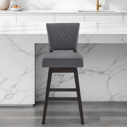26" Gray and Espresso Fabric and Solid Wood Counter Height Swivel Bar Chair