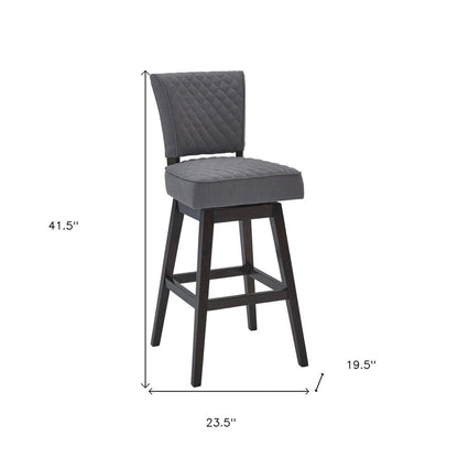 26" Gray and Espresso Fabric and Solid Wood Counter Height Swivel Bar Chair