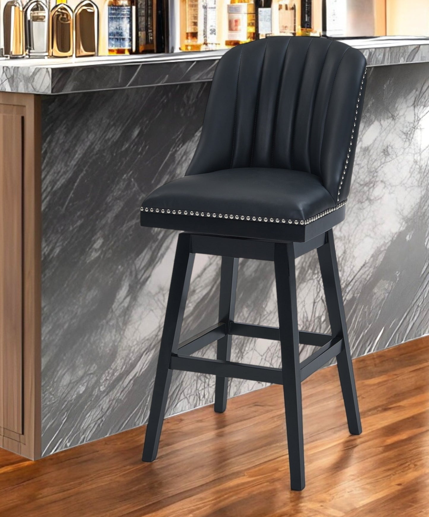 27" Black Solid Wood Counter Height Swivel Bar Chair