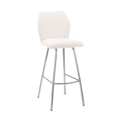 26" White And Silver Faux Leather And Fabric And Iron Counter Height Bar Chair HomeRoots