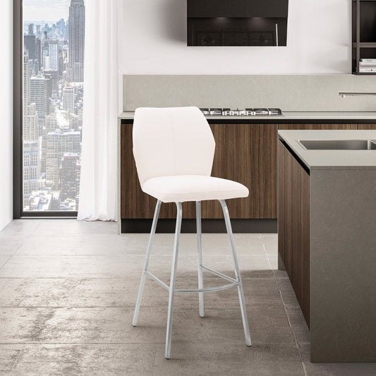 26" White And Silver Faux Leather And Fabric And Iron Counter Height Bar Chair HomeRoots