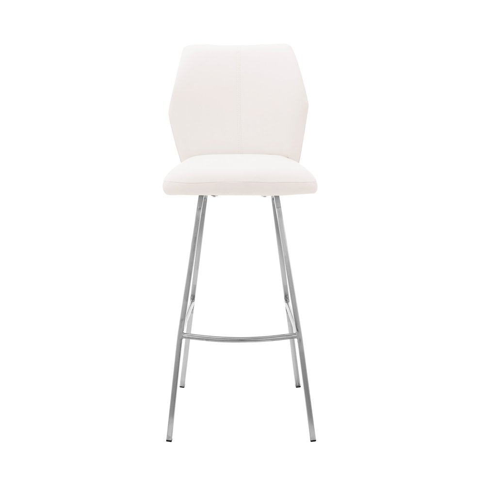 26" White And Silver Faux Leather And Iron Counter Height Bar Chair HomeRoots