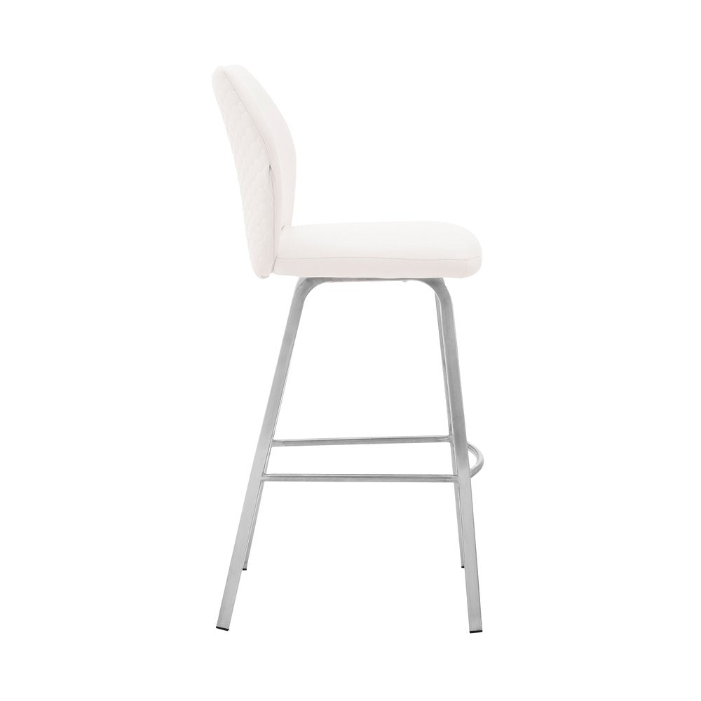 26" White And Silver Faux Leather And Iron Counter Height Bar Chair HomeRoots