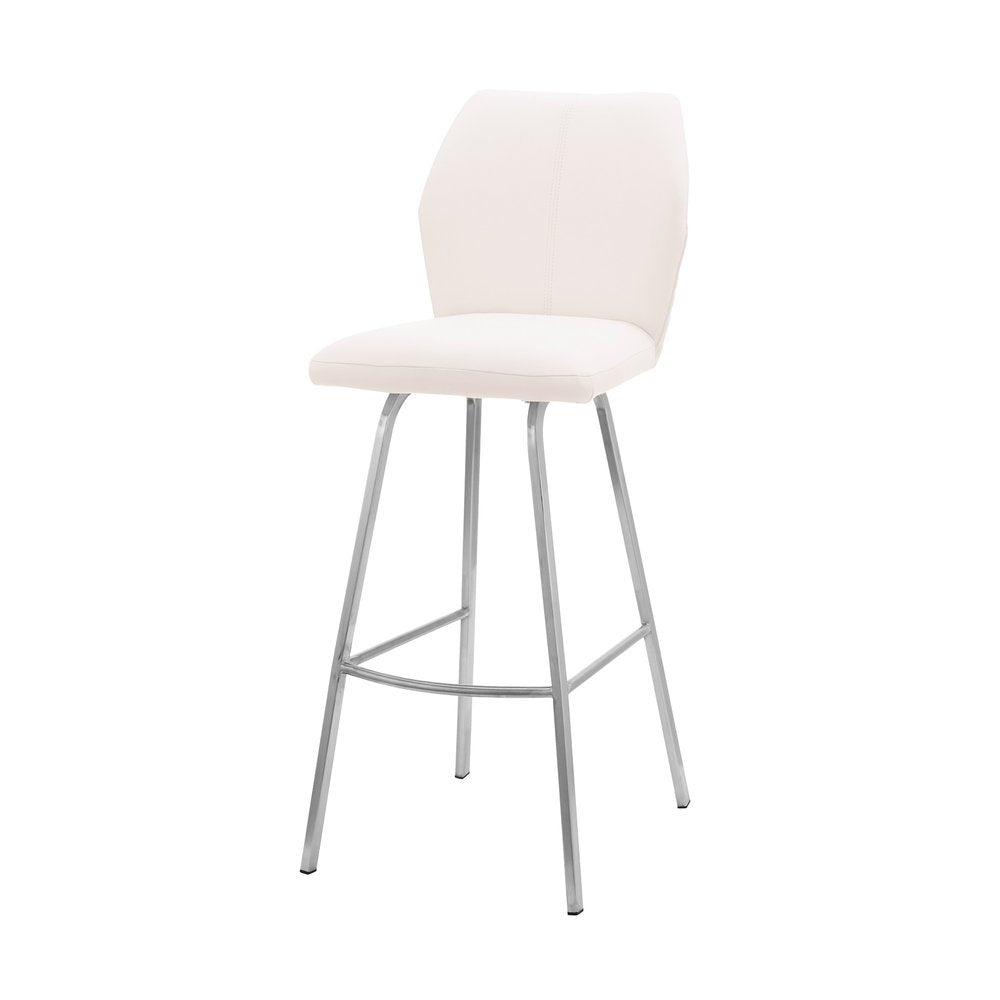 26" White And Silver Faux Leather And Iron Counter Height Bar Chair HomeRoots