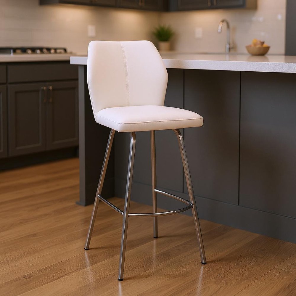 26" White And Silver Faux Leather And Iron Counter Height Bar Chair HomeRoots