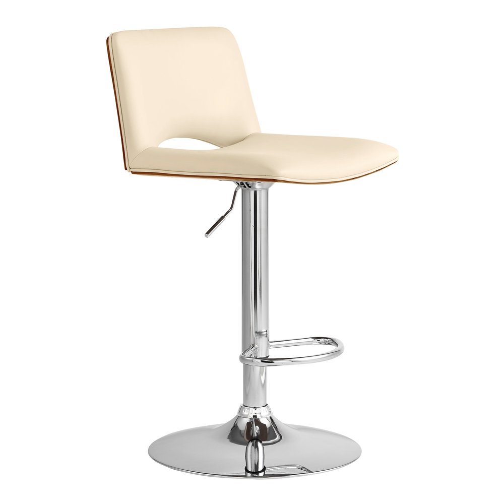 Cream And Silver Faux Leather And Fabric And Wood Low Back Adjustable Height Swivel Bar Chair HomeRoots