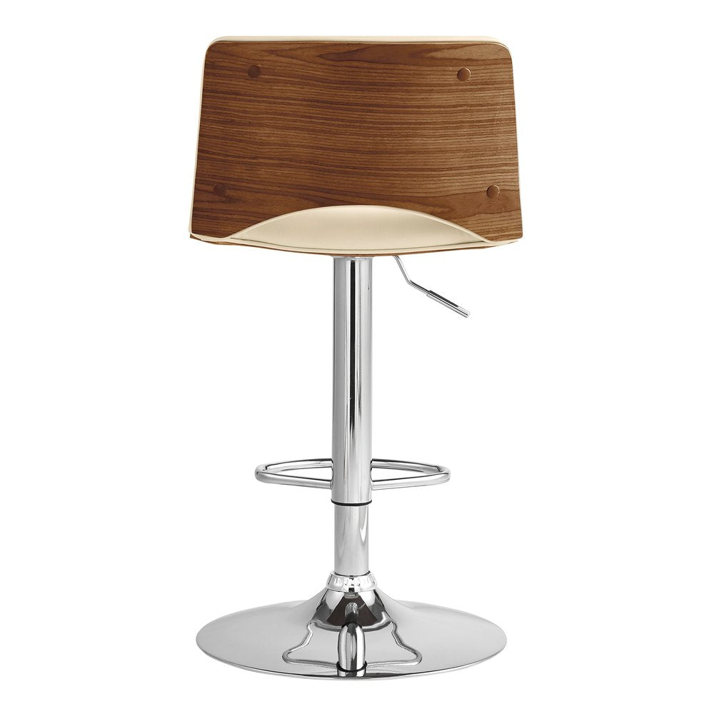 Cream And Silver Faux Leather And Fabric And Wood Low Back Adjustable Height Swivel Bar Chair HomeRoots
