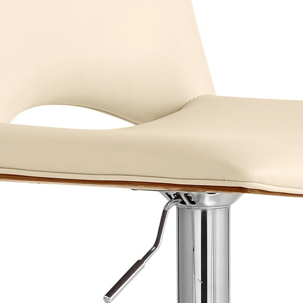 Cream And Silver Faux Leather And Fabric And Wood Low Back Adjustable Height Swivel Bar Chair HomeRoots