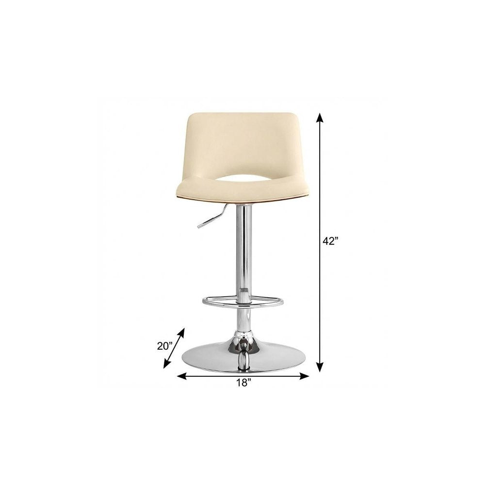 Cream And Silver Faux Leather And Fabric And Wood Low Back Adjustable Height Swivel Bar Chair HomeRoots