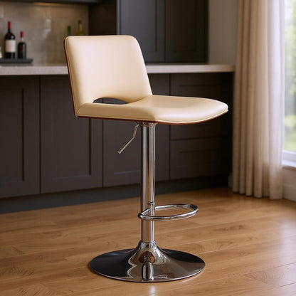 Cream And Silver Faux Leather And Fabric And Wood Low Back Adjustable Height Swivel Bar Chair HomeRoots