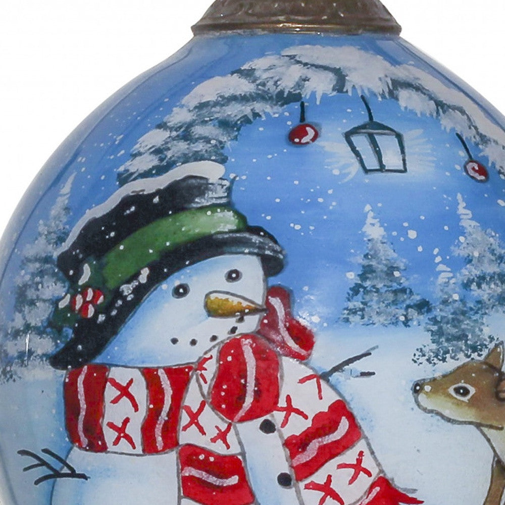 Adorable Snowman and Deer Hand Painted Mouth Blown Glass Ornament