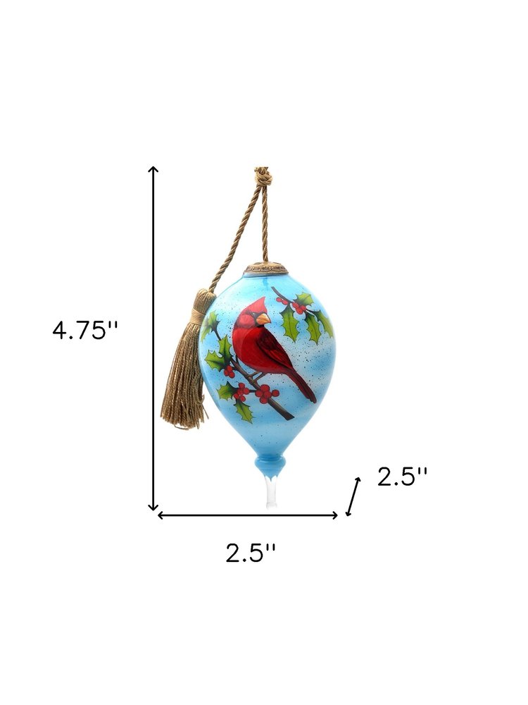 Red Cardinal on Christmas Holly Branches Hand Painted Mouth Blown Glass Ornament HomeRoots