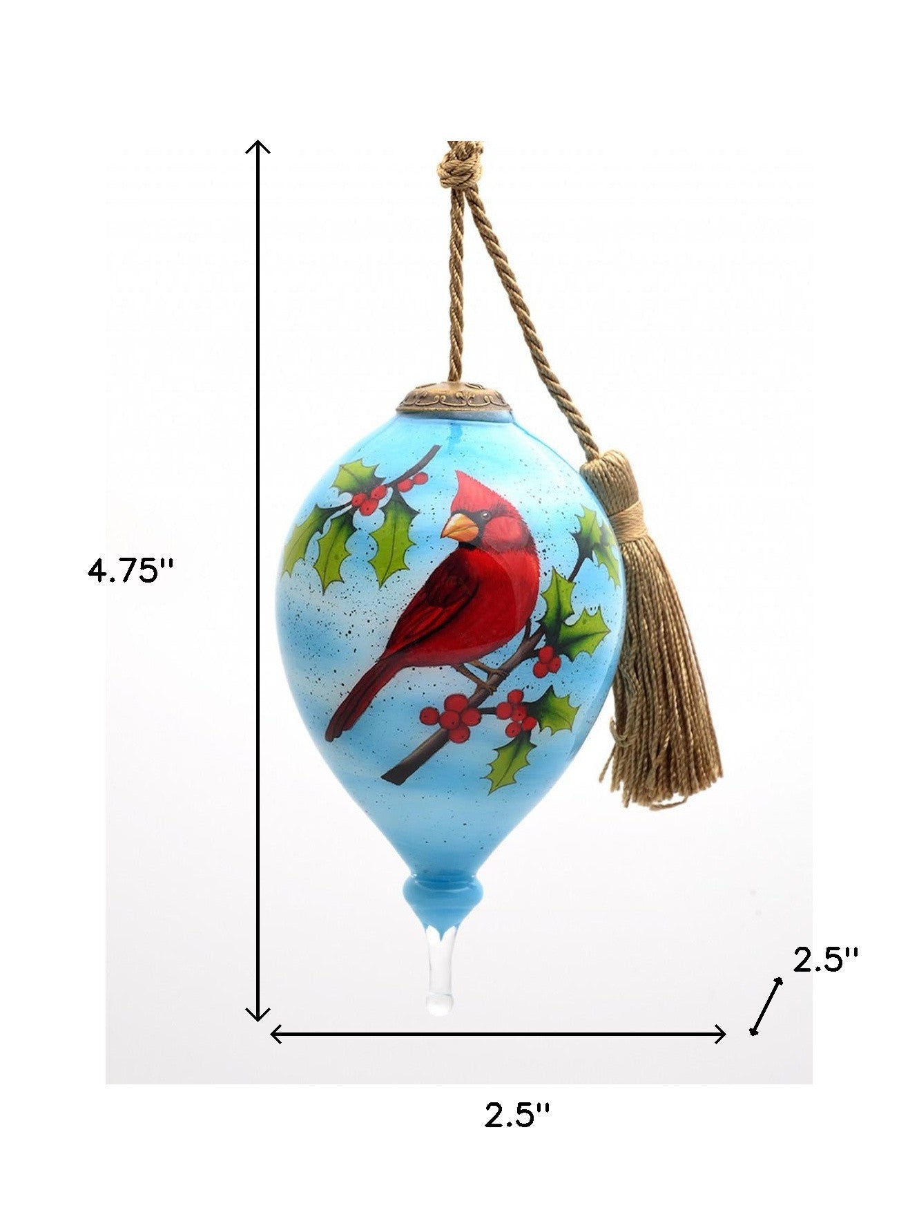 Red Cardinal on Christmas Holly Branches Hand Painted Mouth Blown Glass Ornament